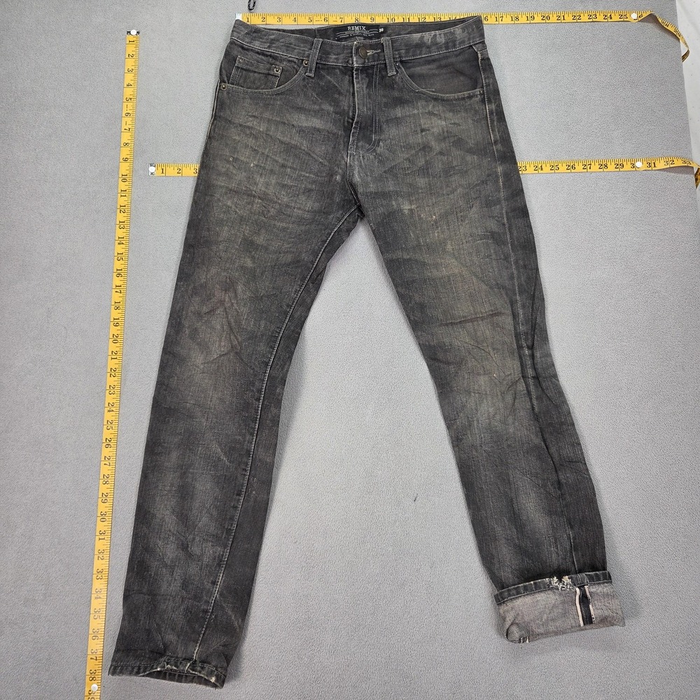 Remix Jeans Mens Black Tapered Selvedge Denim Frayed Hems Distressed Fits 32x29